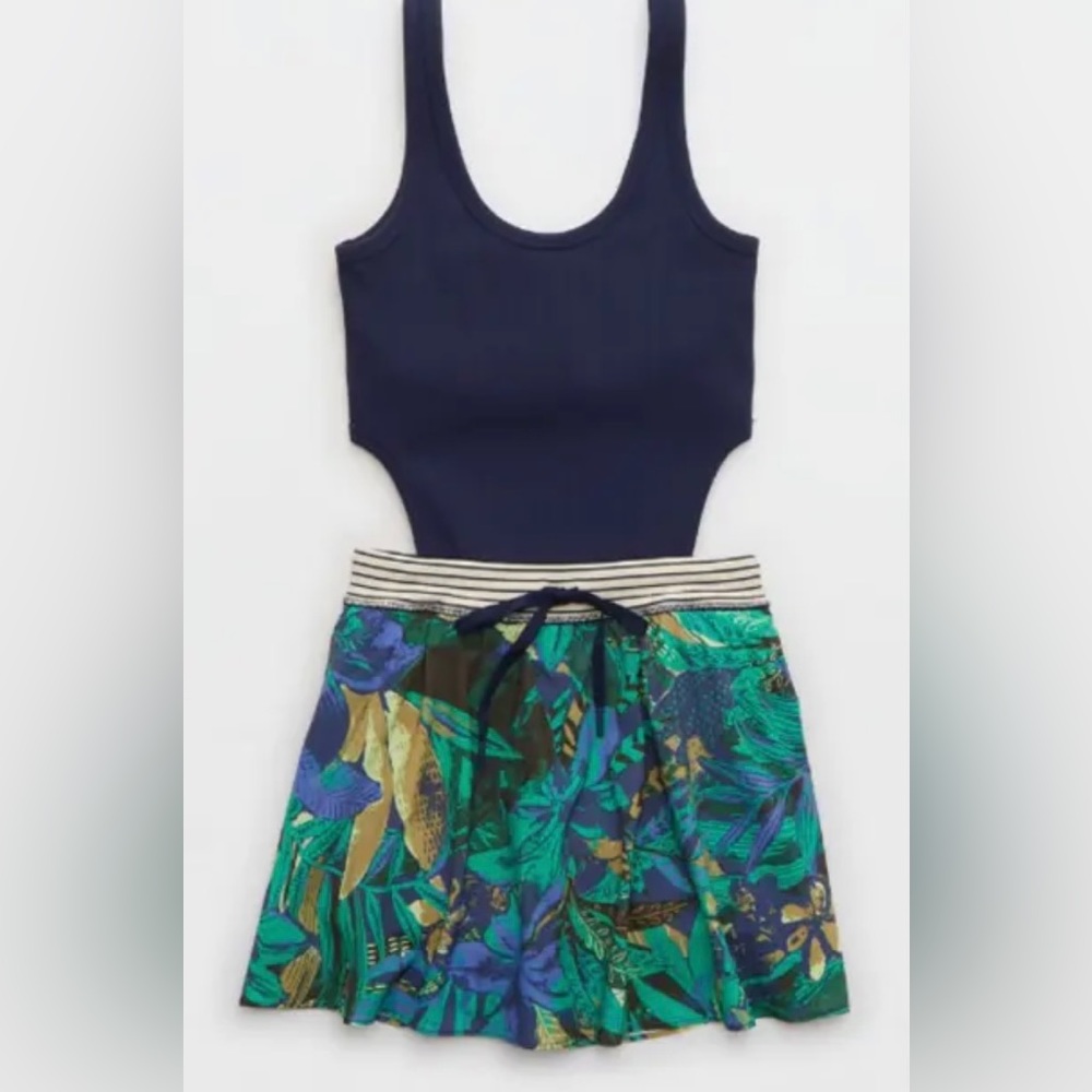 Aerie Active Romper Dress Mini Skort One Piece Tropical Cut Out Medium - Picture 4 of 13